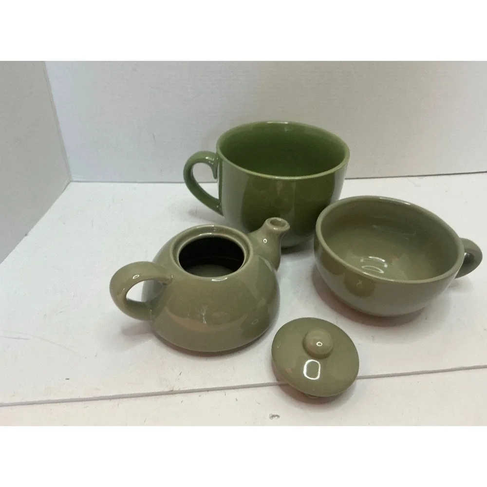 Pier 1 Tea for One Set Sage Green Ceramic Stackable Teapot and Cup Small Minimal
